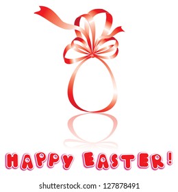 Easter card with egg is made of red ribbon an white background