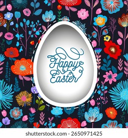 Easter card with egg on a dark background. hand drawn. Not AI, Vector illustration.