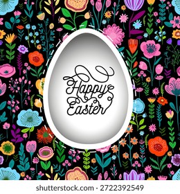 Easter card with egg on a dark background. hand drawn. Not AI, Vector illustration.