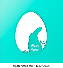 Easter card with egg and rabbit, holiday template with paper shape of egg,bunny and grass