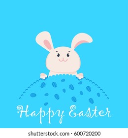 Easter card egg rabbit. Lovely happy pink bunny on a spring meadow congratulates on Easter. Flat vector cartoon illustration. Objects isolated on a white background.