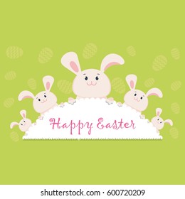 Easter card egg rabbit. Lovely happy pink bunny on a spring meadow congratulates on Easter. Flat vector cartoon illustration. Objects isolated on a white background.