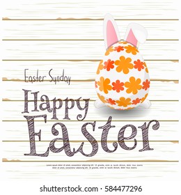 Easter Card - Egg and Rabbit on White Wooden Background. Vector Illustration.