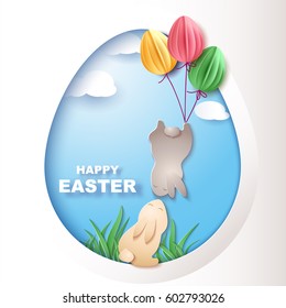 Easter card with egg and rabbits in paper cut style. Vector illustration