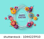 Easter card with egg shape frame and paper cut flowers on blue background. Vector illustration. Place for your text.
