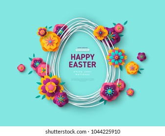 Easter card with egg shape frame and paper cut flowers on blue background. Vector illustration. Place for your text.
