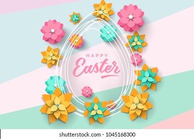 Easter card with egg shape frame and paper cut flowers on modern background. Vector illustration