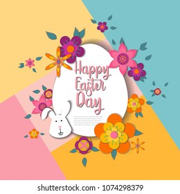 Easter card with easter egg shape frame, bunny rabbit, spring flowers on colorful modern geometric background. Vector illustration. Place for your text.