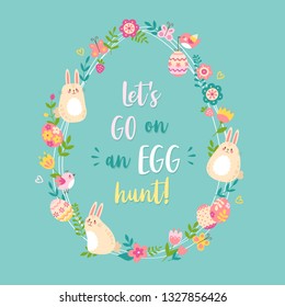 Easter card with egg shape frame, bunnies, birds and flowers. Cute Easter design elements