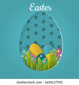 Easter card with egg shape frame and flowers and grass on turquoise background. Paper cut out style. Easter holiday celebration concept