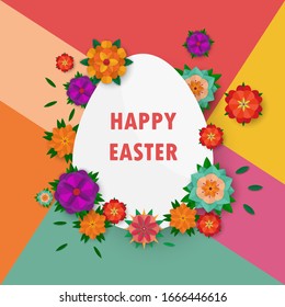 Easter card with egg shape frame. spring flowers on colorful modern geometric background. Vector illustration.