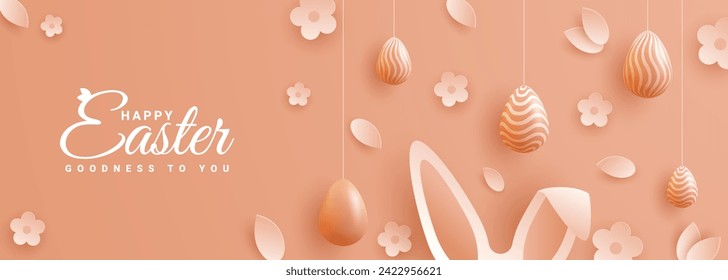 Easter card with egg shaped paper frame with spring flowers on brown background.Easter bunny vector illustration.