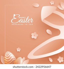 Easter card with egg shaped paper frame with spring flowers on brown background.Easter bunny vector illustration.