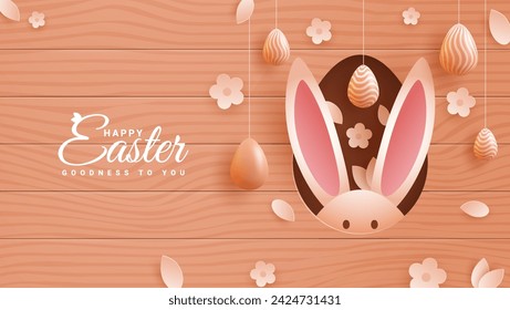 Tarjeta de Pascua con marco de papel en forma de huevo con flores de primavera sobre fondo marrón.
