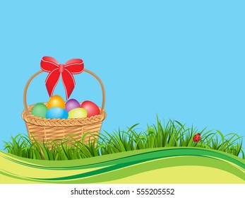 Easter card with eggs in a basket, a grass and a ladybug on a blue background