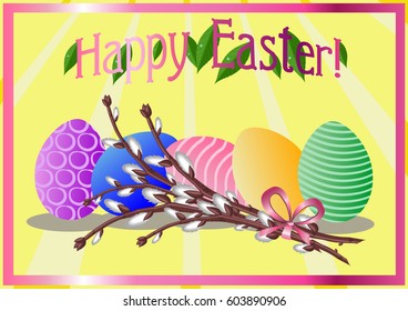 Easter card with eggs and bunch of willow