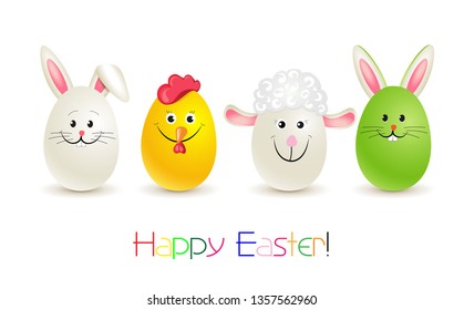 Easter card with eggs as bunny, lamb, chicken and bunny with ears,
Easter greetings in English „Happy Easter“,
Vector illustration isolated on white background