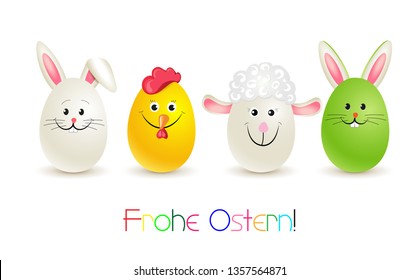 Easter card with eggs as bunny, lamb, chicken and bunny with ears,
Easter greetings in German „Frohe Ostern“, 
Vector illustration isolated on white background
