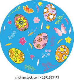Easter card. Easter eggs, butterflies, wildflowers in a circle. Cartoon style. Stock Illustration.
