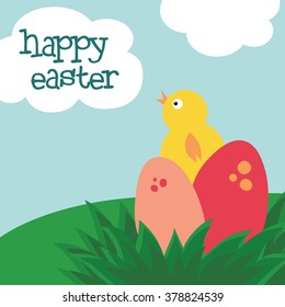 Easter card with eggs and a chicken.
