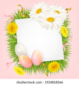 Easter card with eggs, daisies, grass and dandelions. Postcard template with Easter eggs and spring flowers. Vector illustration