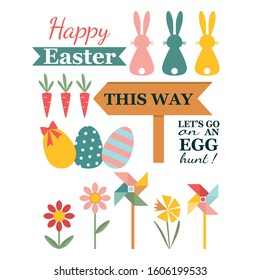 Easter card with eggs, flowers, bunnies and carrots. Vector illustration. 