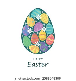 Easter card with eggs and flowers. Decor concept. Happy Easter. Spring holiday.
