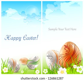 Easter card, eggs with flowers on green grass & text, vector illustration