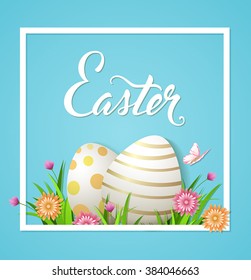 Easter card with eggs and flowers on a blue background. Vector illustration.