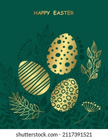 Tarjeta de Pascua con huevos de Pascua. Huevos de oro y ramas decorativas de plantas sobre un fondo verde oscuro. Ilustración vectorial.