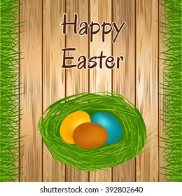 Easter card with easter eggs, grass and grass nest on wooden background. Happy easter celebration greetings card. Vector illustration.
