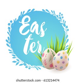 Easter card with eggs and green grass on a blue background