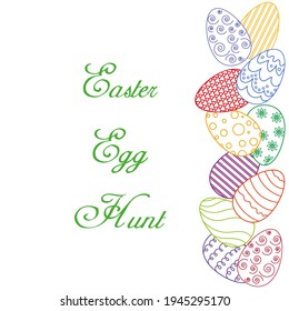 Easter card with easter eggs and greetings on green background. Vector design