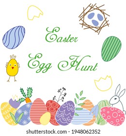 Tarjeta de Pascua con huevos de pascua y saludos sobre fondo blanco. Diseño de vectores