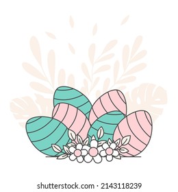 Tarjeta de Pascua con huevos. Feliz tarjeta de saludo de Pascua e ilustración vectorial de plantilla. Diseño personalizado para invitación, tarjeta, menú, volante, banner, cartel, vale. Huevos y orejas de conejo