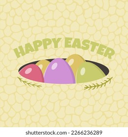 Easter card with eggs. Hare hole with Easter eggs in it.