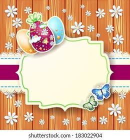 Easter card with eggs and label, on wooden background. Vector 