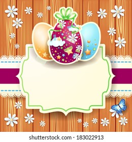 Easter card with eggs and label on wooden background, vector 