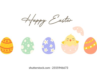 Easter card with eggs and little chick. Vector illustration