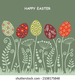 Easter card with Easter eggs. Multicolored eggs and floral motifs on a gray-green background. Easter greeting card. Flat design. Vector illustration.