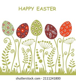 Easter card with Easter eggs. Multicolored eggs and floral motifs on a white background. Cute Easter card. Flat design. Vector illustration.