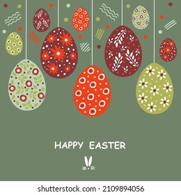 Tarjeta de Pascua con huevos de Pascua. Huevos multicolores sobre un fondo gris-verde. Feliz tarjeta de felicitación de la plaza de Pascua. Diseño plano. Ilustración vectorial.