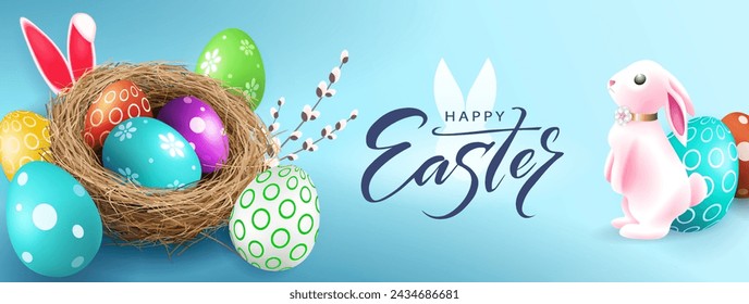 Easter card with Easter eggs in a nest and a bunny on a blue background.