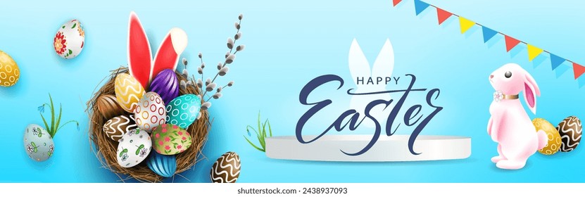 Easter card with eggs in a nest and a bunny on a blue background.