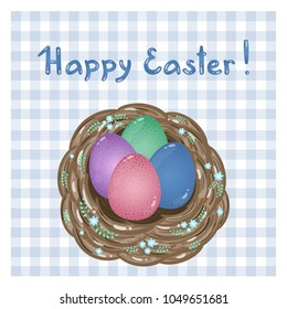 
Easter card with Easter eggs in a nest decorated with flowers and leaves