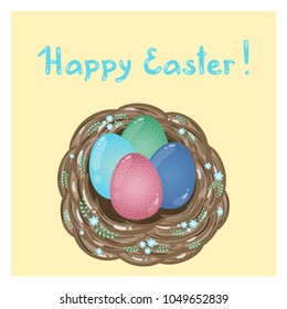 
Easter card with Easter eggs in a nest decorated with flowers and leaves