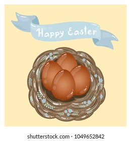 
Easter card with Easter eggs in a nest decorated with flowers and leaves