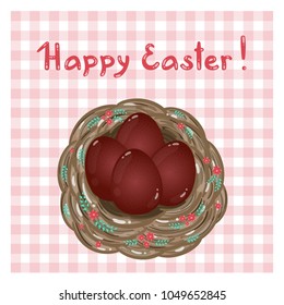 
Easter card with Easter eggs in a nest decorated with flowers and leaves