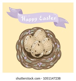 
Easter card with Easter eggs in a nest decorated with flowers and leaves