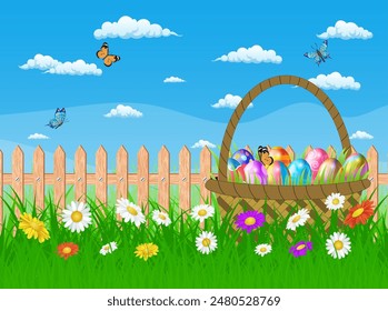 Easter card with Easter eggs on a grass field with flower wooden fence in the background.